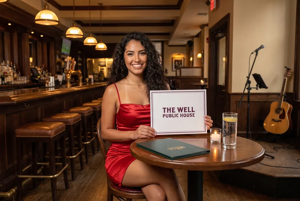 Generated picture of the same character at a small round table in a wooden pub, holding a card that reads The Well Public House; a glass of sparkling water and a candle on the table, a microphone and an acoustic guitar on the small stage behind.